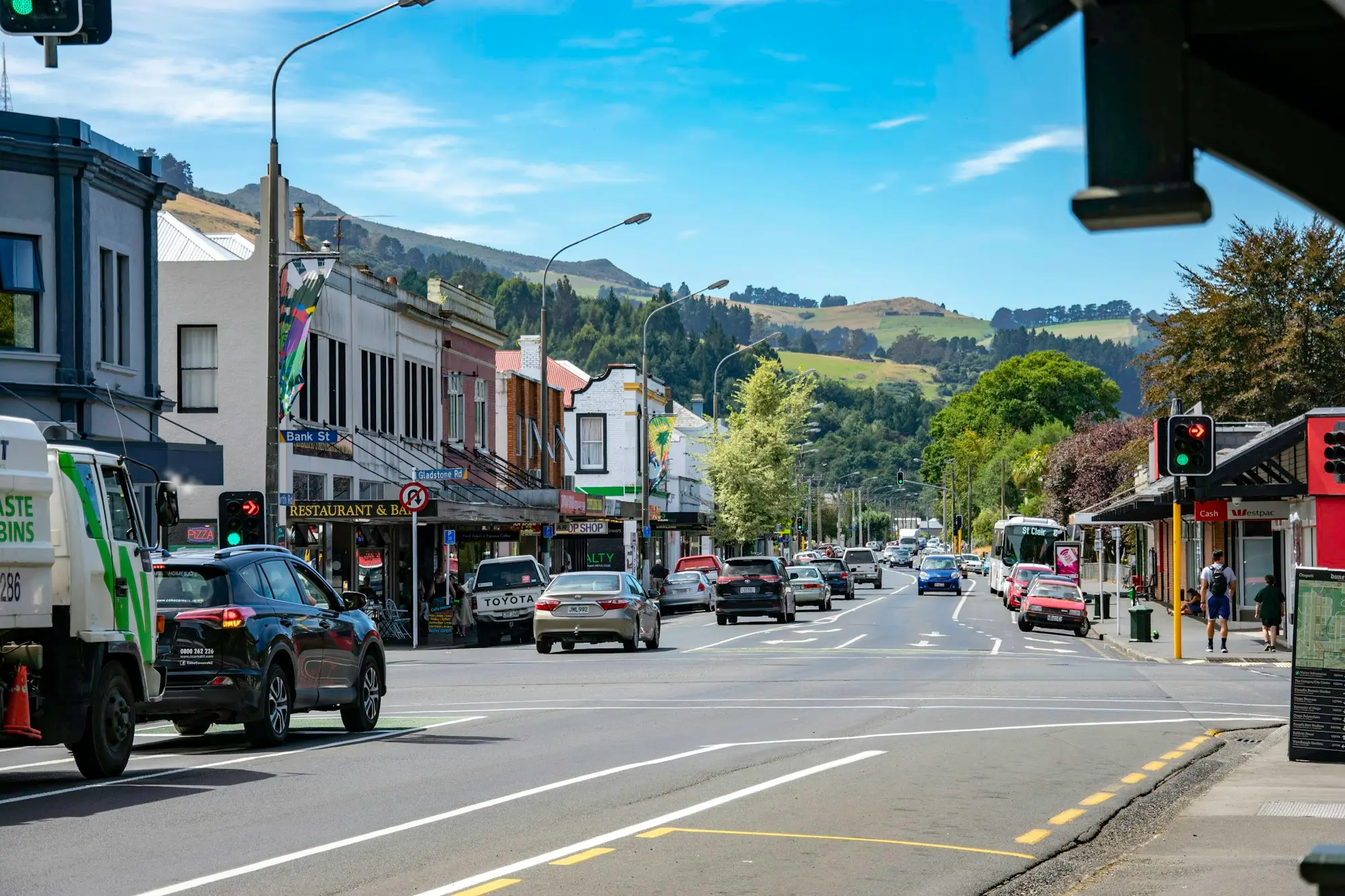 Main street with shops and traffic